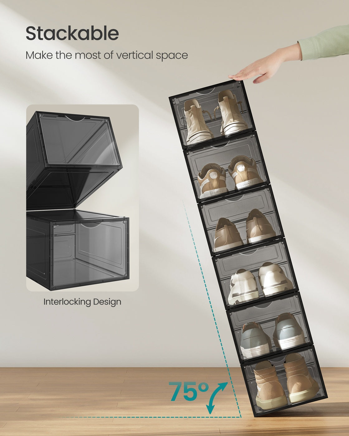 Shoe Storage Organisers - Plastic - White - Stackable with Clear Doors