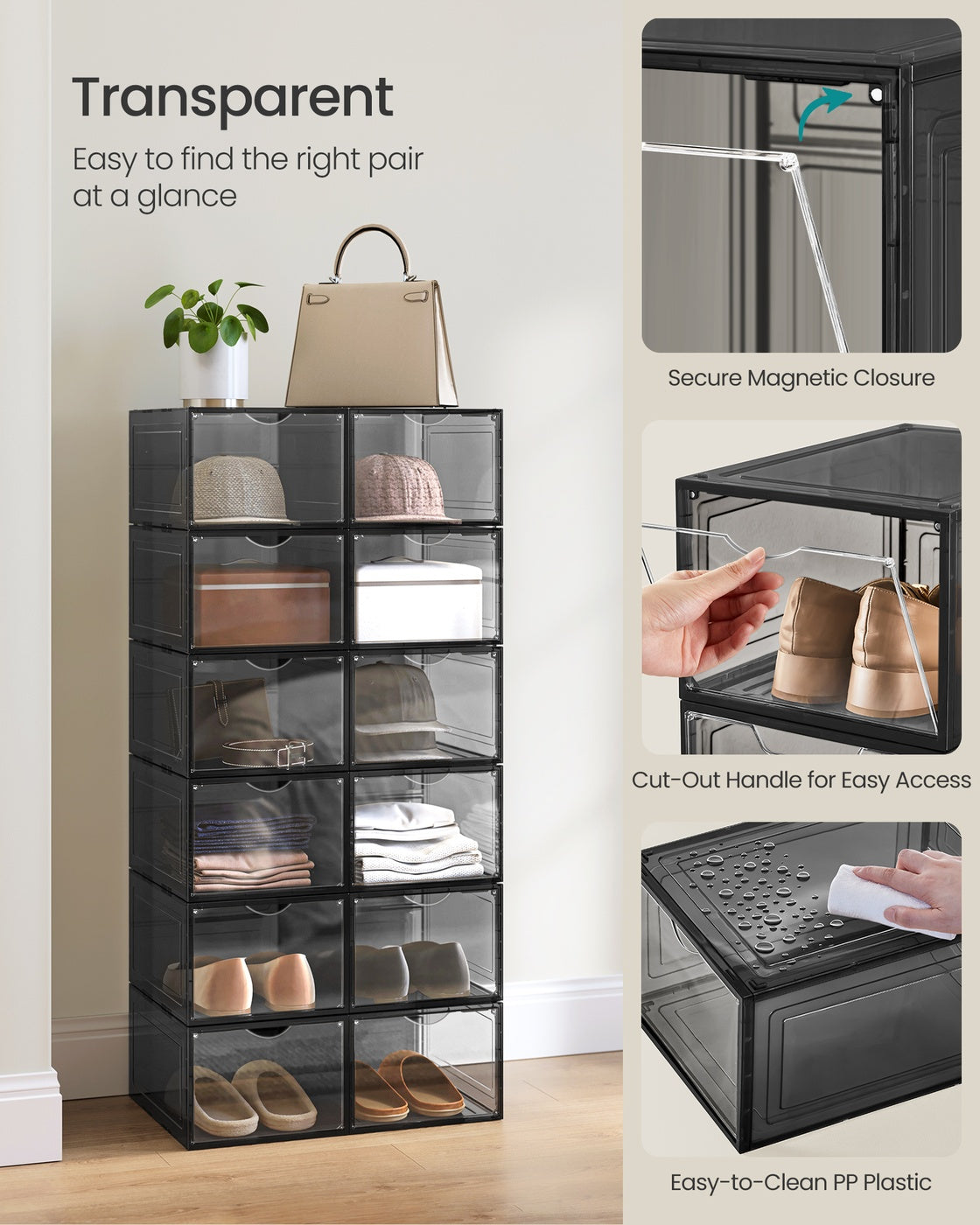 Shoe Storage Organisers - Plastic - White - Stackable with Clear Doors