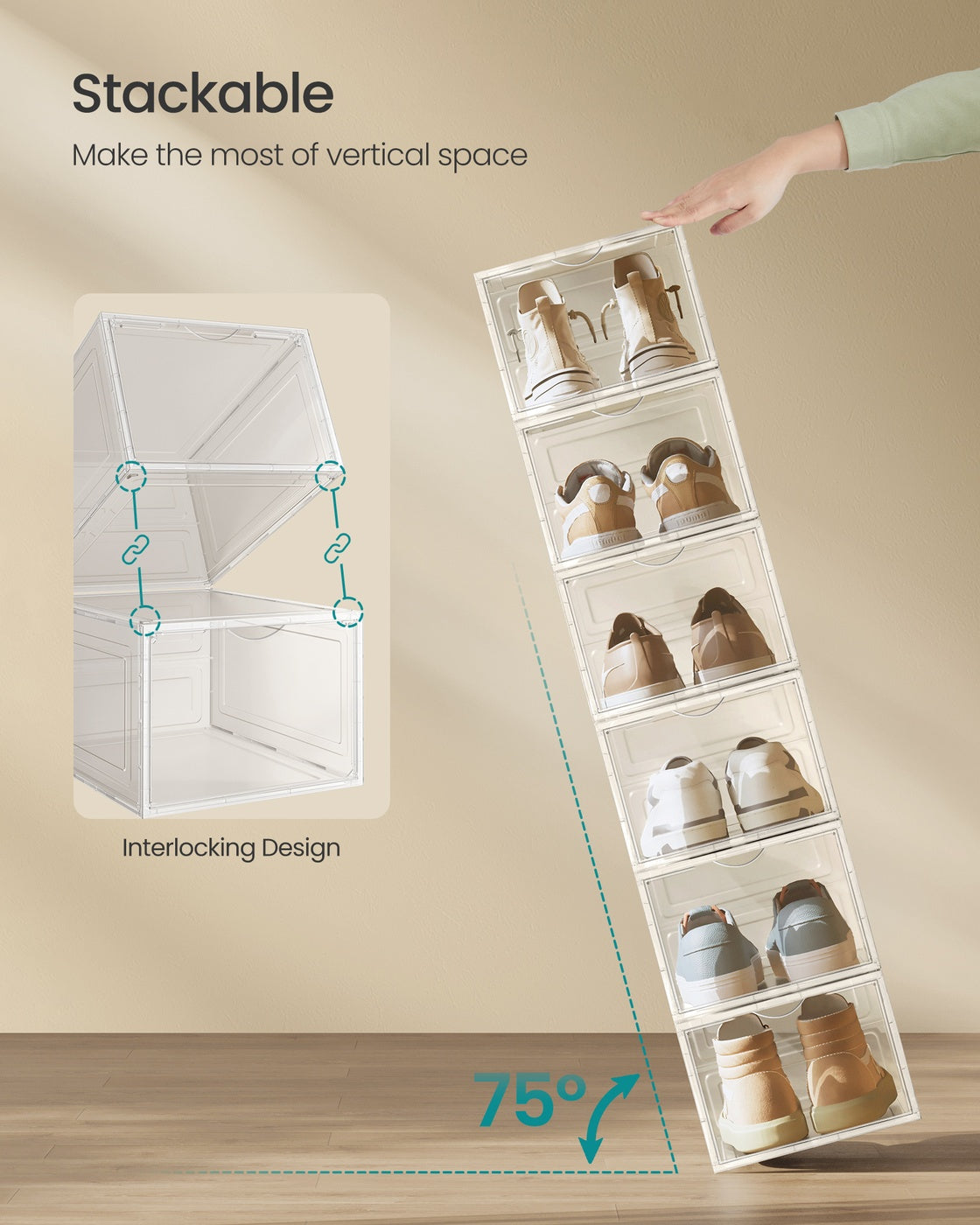 Shoe Storage Organisers - Plastic - White - Stackable with Clear Doors
