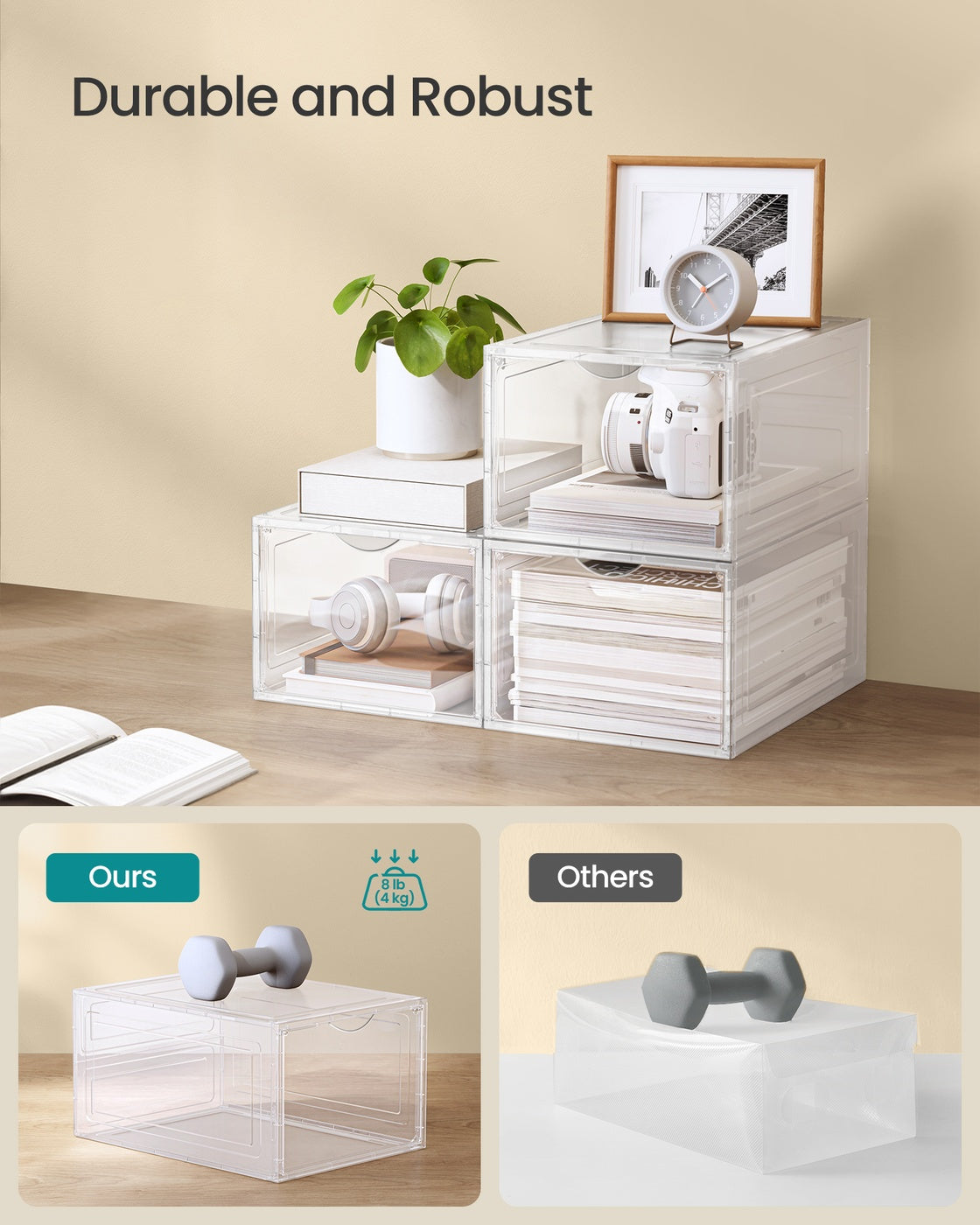 Shoe Storage Organisers - Plastic - White - Stackable with Clear Doors