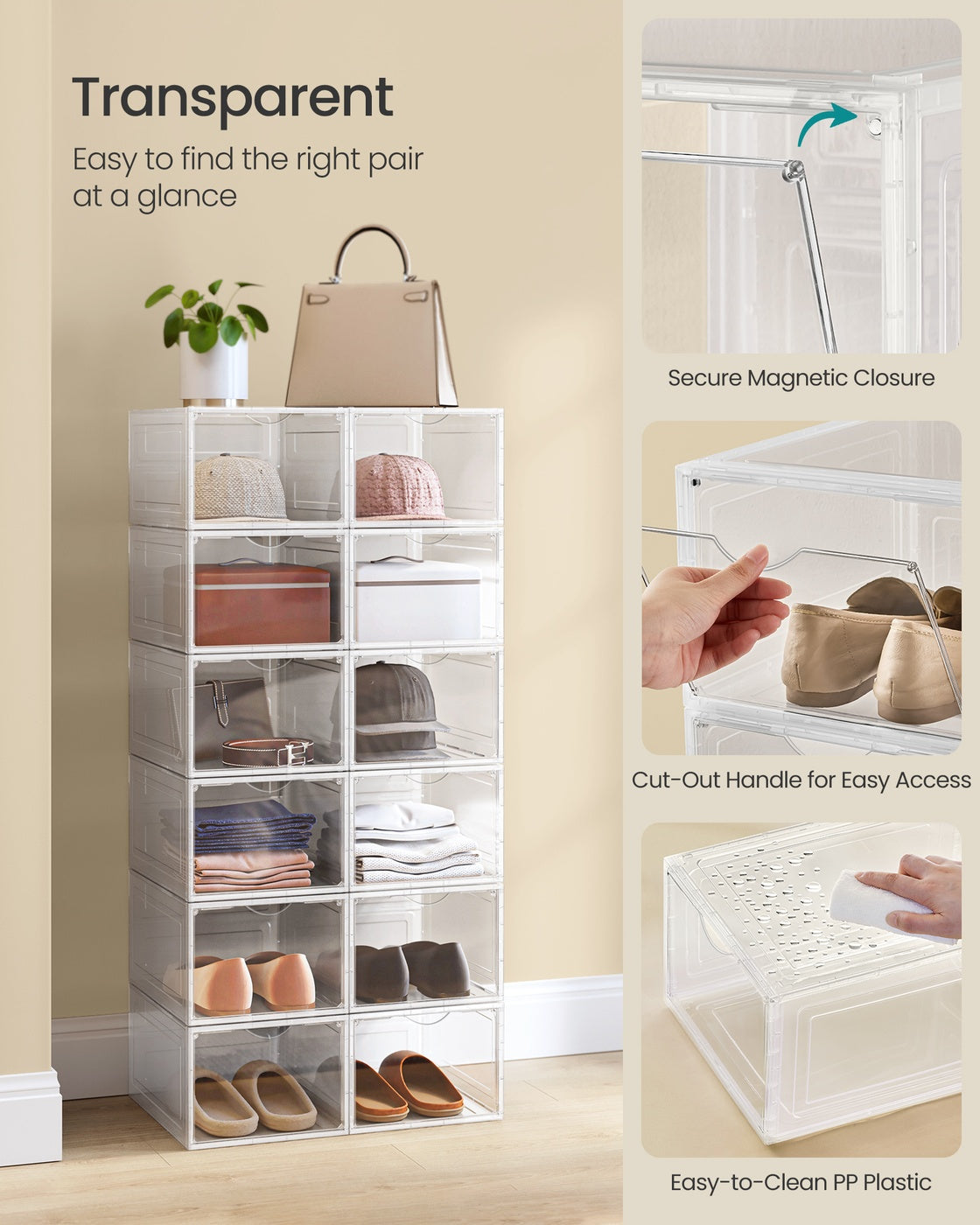 Shoe Storage Organisers - Plastic - White - Stackable with Clear Doors