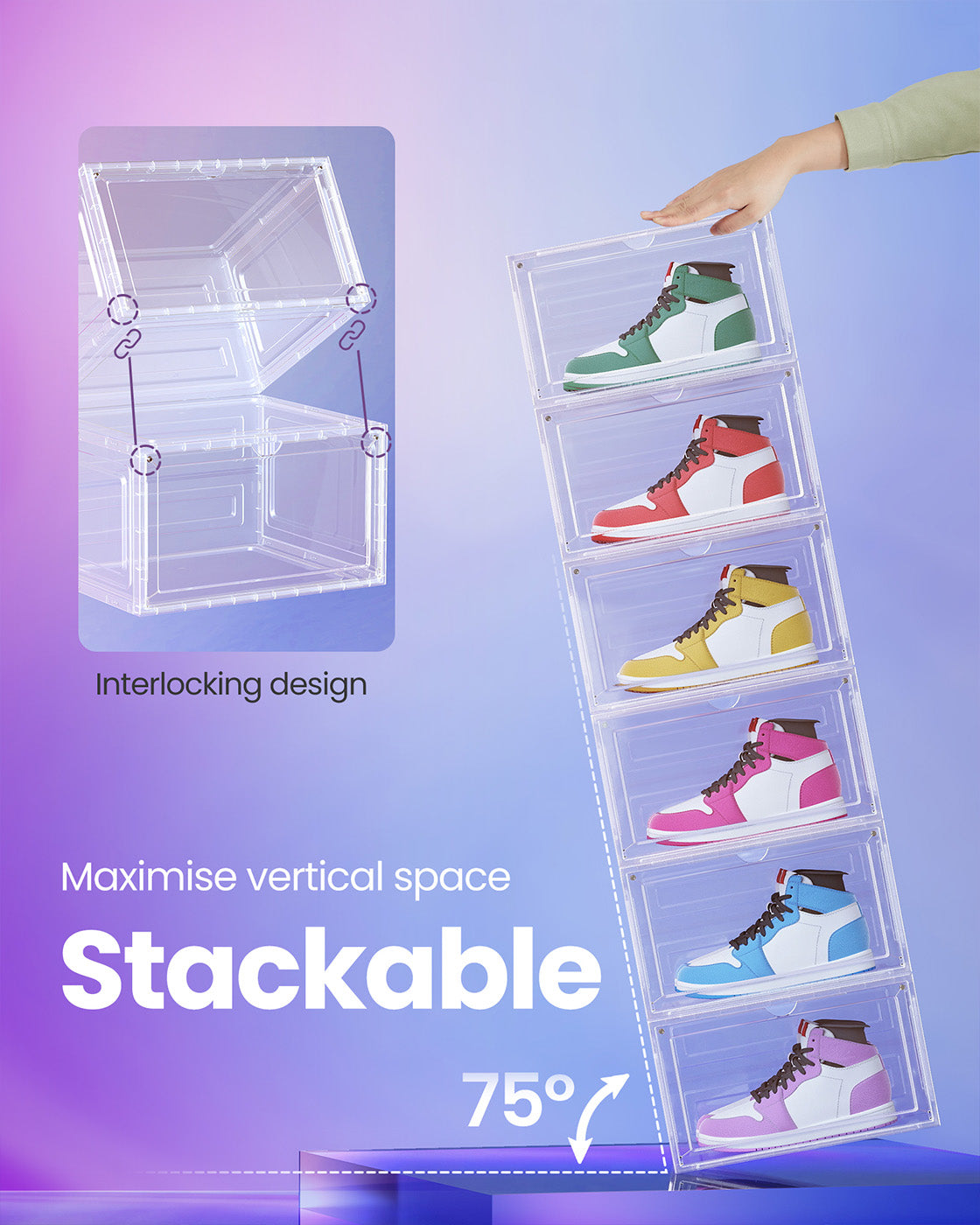 Stackable Shoe Boxes - With Doors, Set of 6 - Plastic - Transparent White - Easy Access with Convenient Doors