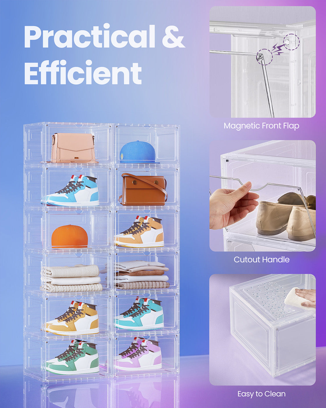 Stackable Shoe Boxes - With Doors, Set of 6 - Plastic - Transparent White - Easy Access with Convenient Doors