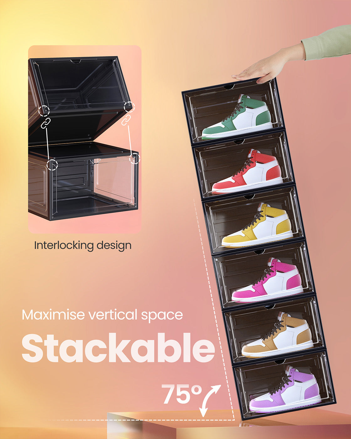 Stackable Shoe Boxes - With Doors, Set of 6 - Plastic - Transparent White