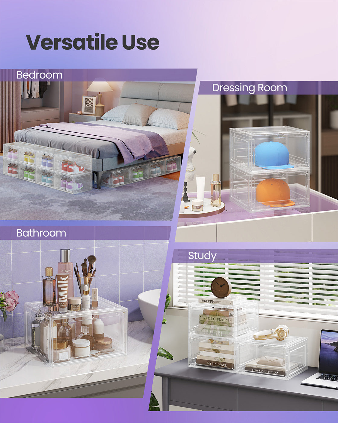 Stackable Shoe Boxes - With Doors, Set of 6 - Plastic - Transparent White - Easy Access with Convenient Doors
