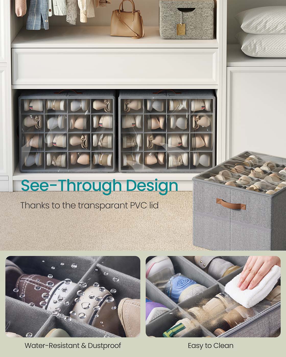 Shoe Organiser Box - Plastic - Dove Grey - Customisable with Adjustable Dividers