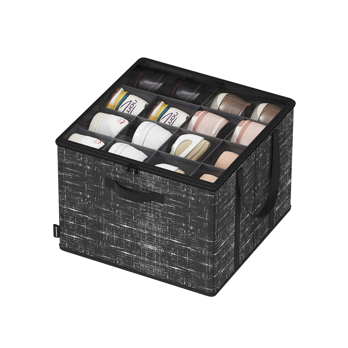 Shoe Organiser Bin - Fabric - Cattail Grey - Fits 16 Pairs with Handles and Clear Cover
