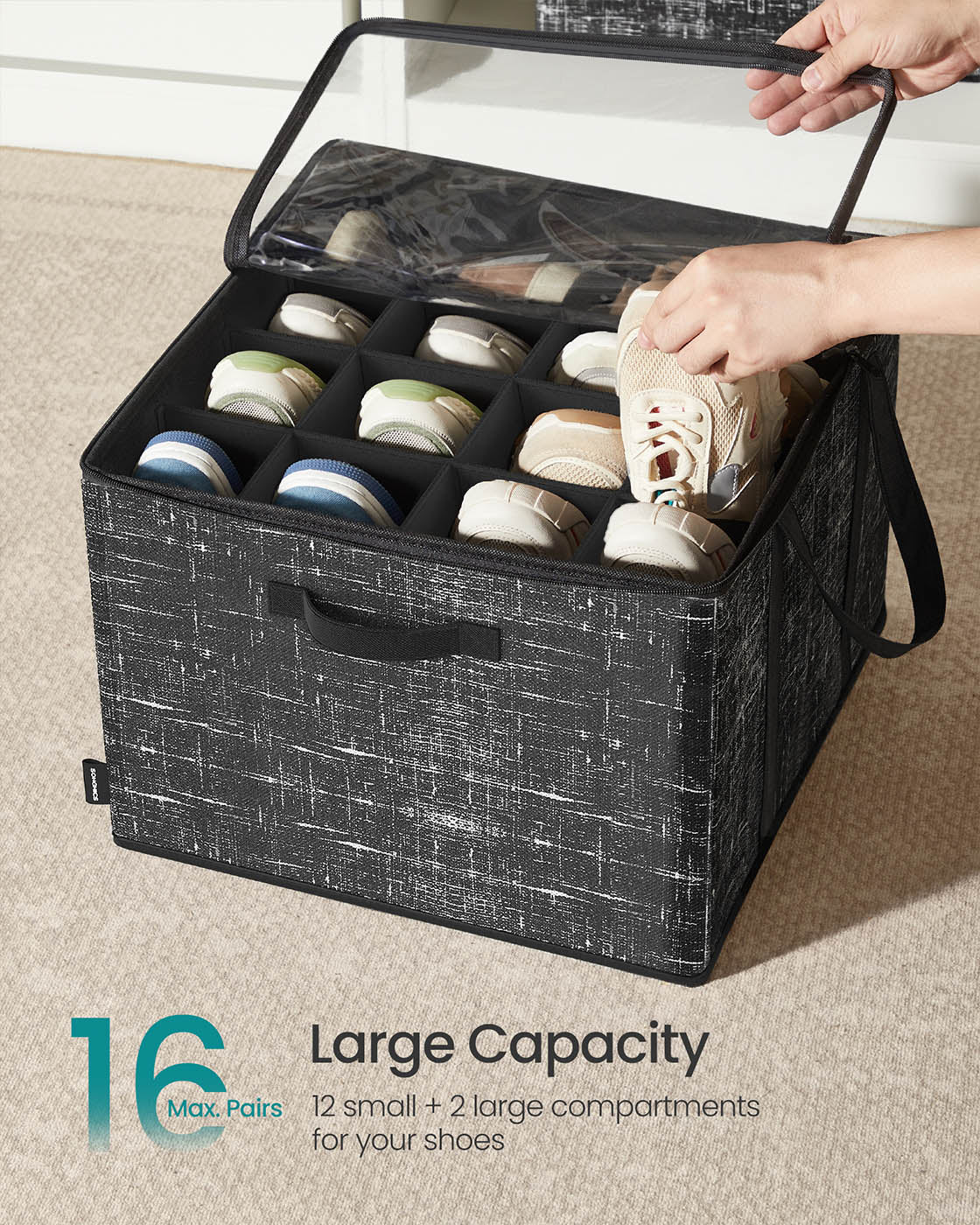 Shoe Organiser Bin - Fabric - Cattail Grey - Fits 16 Pairs with Handles and Clear Cover