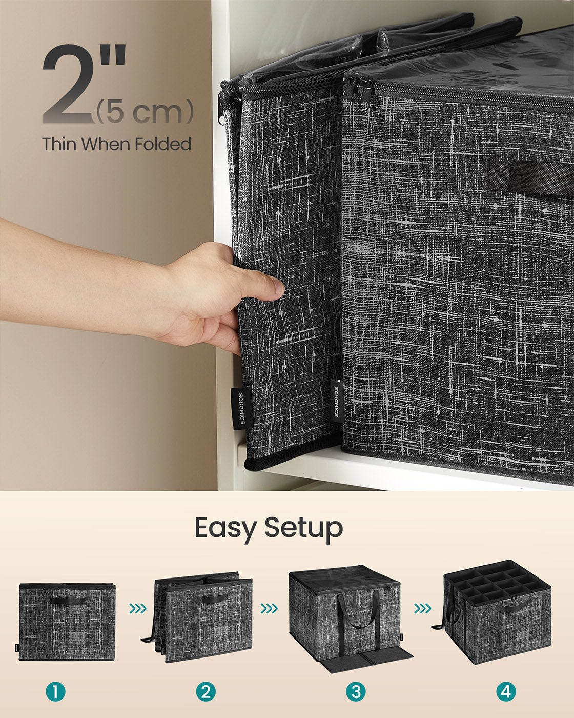 Shoe Organiser Bin - Fabric - Cattail Grey - Fits 16 Pairs with Handles and Clear Cover
