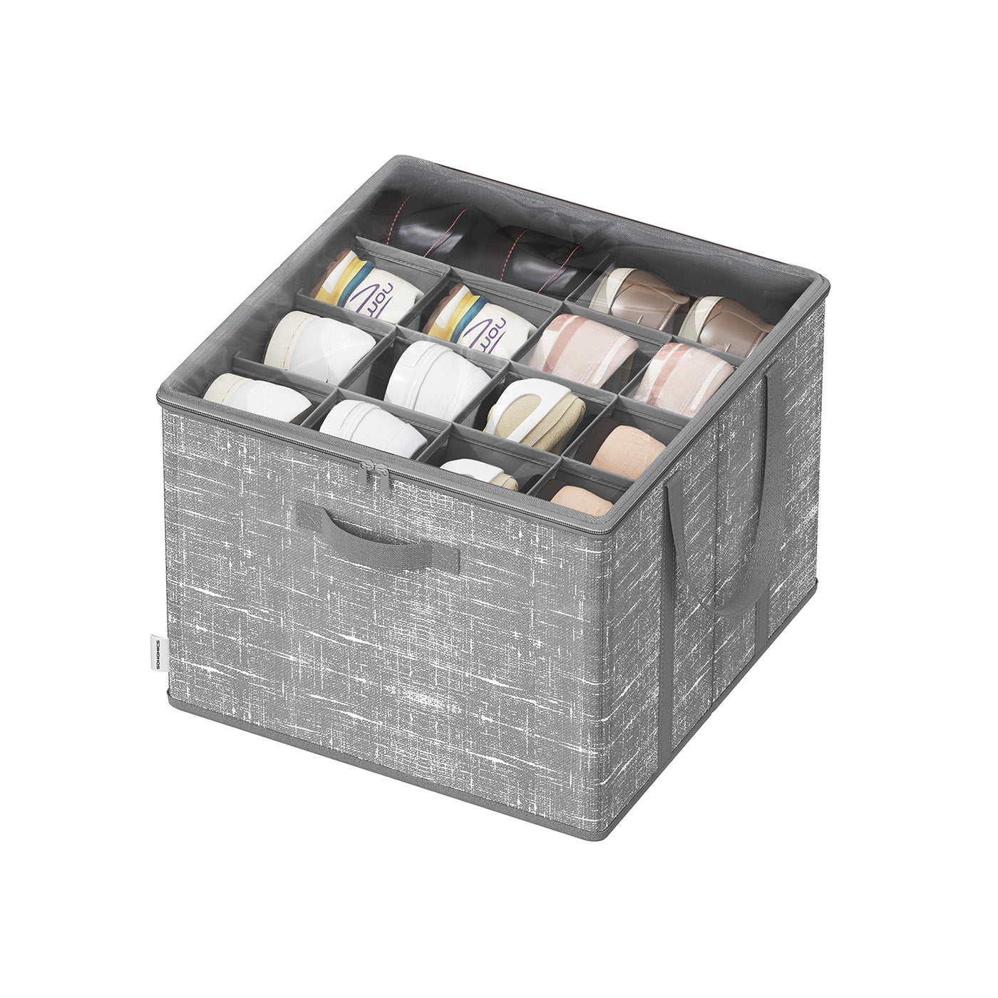 Shoe Organiser Bin - Fabric - Cattail Grey - Fits 16 Pairs with Handles and Clear Cover