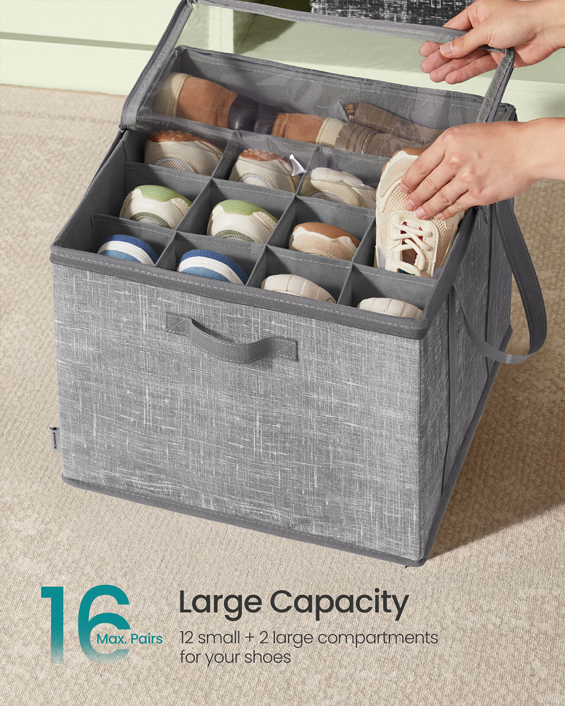 Shoe Organiser Bin - Fabric - Cattail Grey - Fits 16 Pairs with Handles and Clear Cover