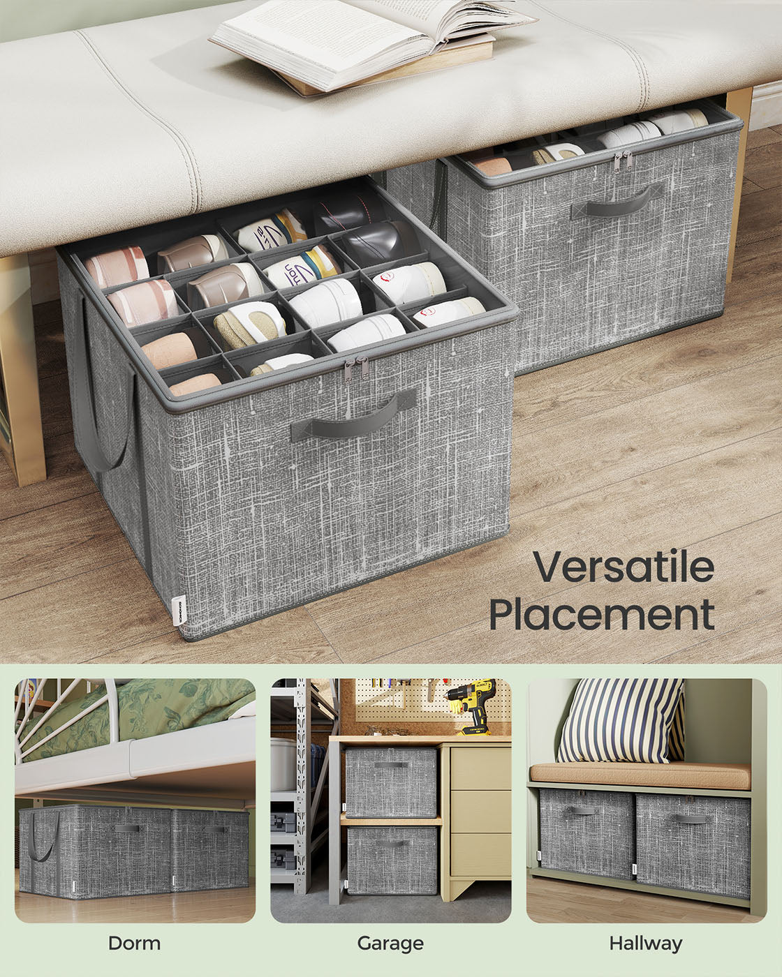 Shoe Organiser Bin - Fabric - Cattail Grey - Fits 16 Pairs with Handles and Clear Cover