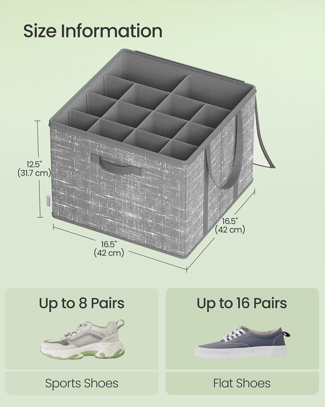 Shoe Organiser Bin - Fabric - Cattail Grey - Fits 16 Pairs with Handles and Clear Cover
