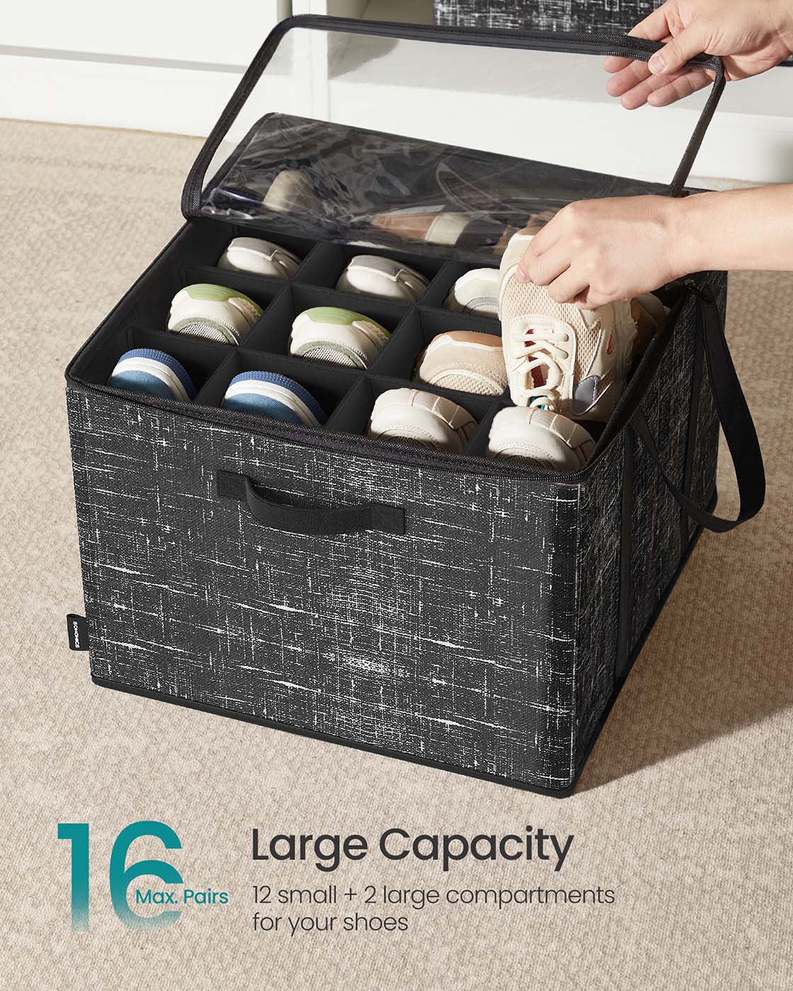 Fabric Shoe Organiser Bins - Fabric - Ink Black - Set of 2 with Handles and Clear Cover