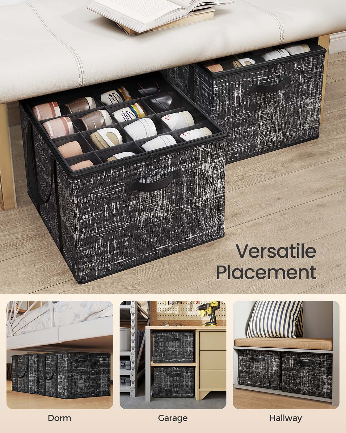 Fabric Shoe Organiser Bins - Fabric - Ink Black - Set of 2 with Handles and Clear Cover
