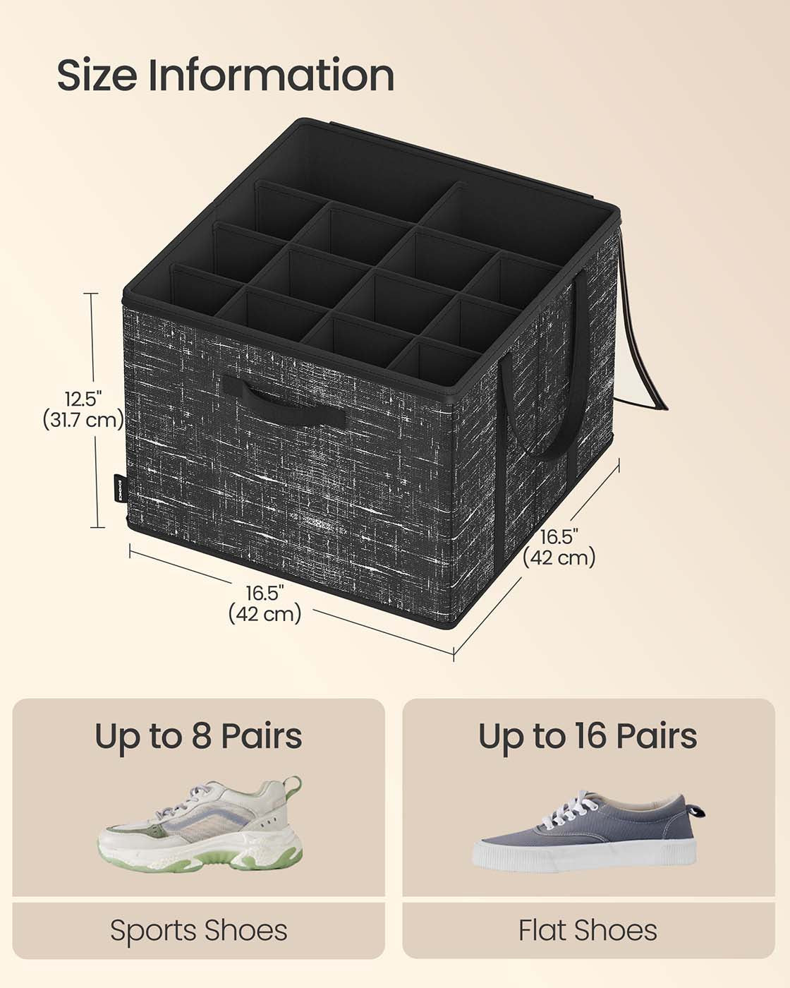 Fabric Shoe Organiser Bins - Fabric - Ink Black - Set of 2 with Handles and Clear Cover