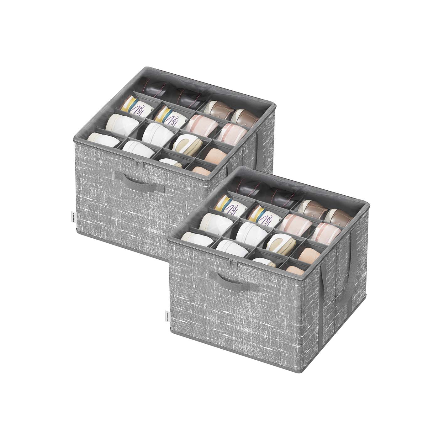 Set of Fabric Shoe Organiser Bins - Fabric - Cattail Grey - Clear Cover and Handles