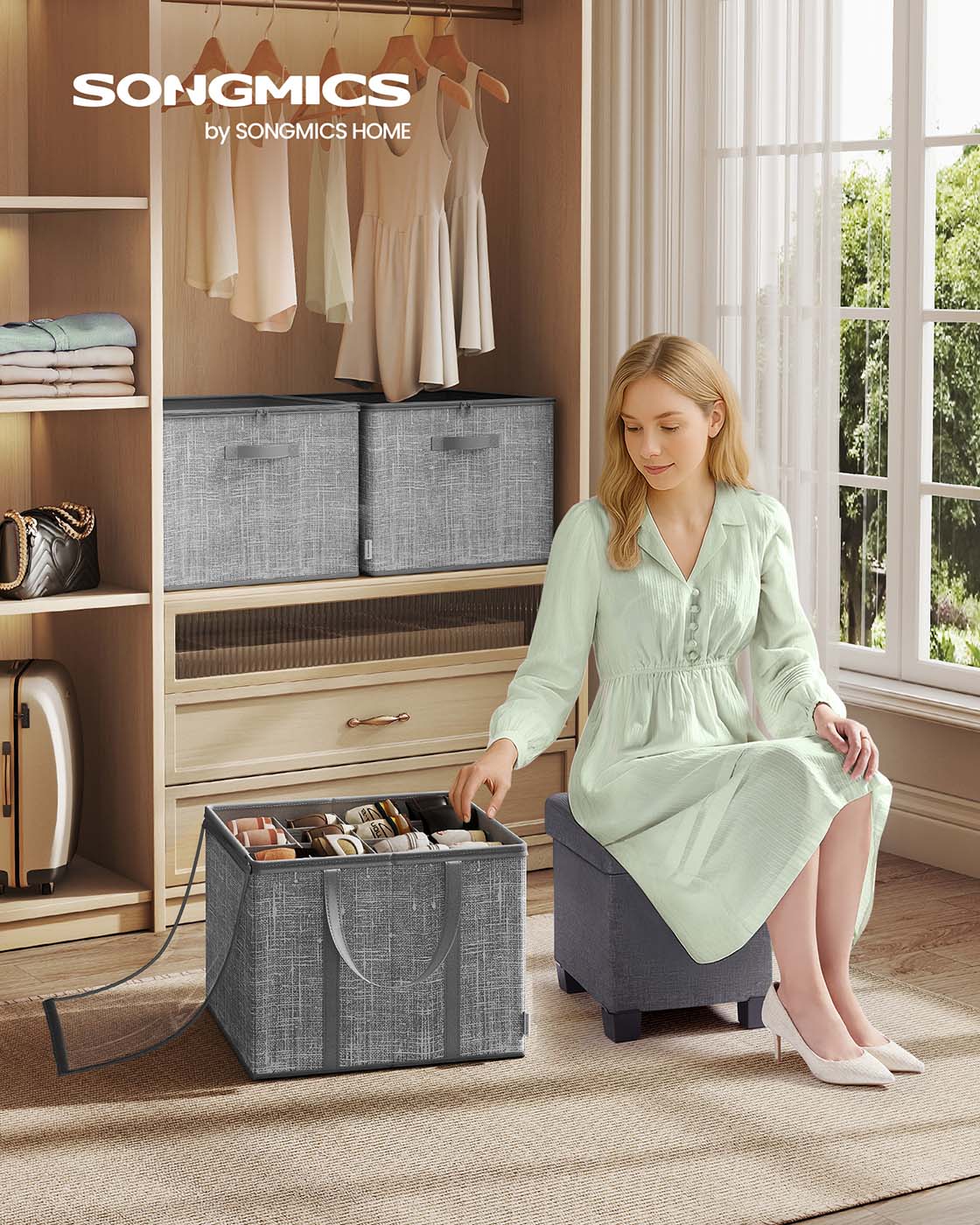 Set of Fabric Shoe Organiser Bins - Fabric - Cattail Grey - Clear Cover and Handles