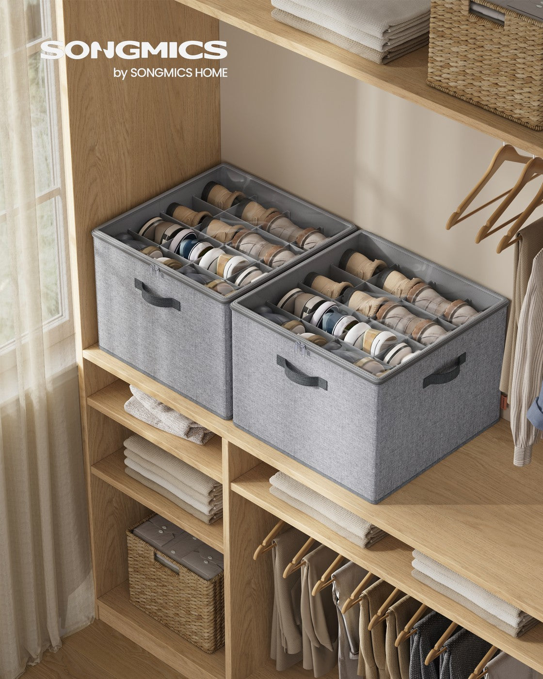 Shoe Organiser for 16 Pairs Stackable - Linen-Look Fabric and Fabric - Dove Grey