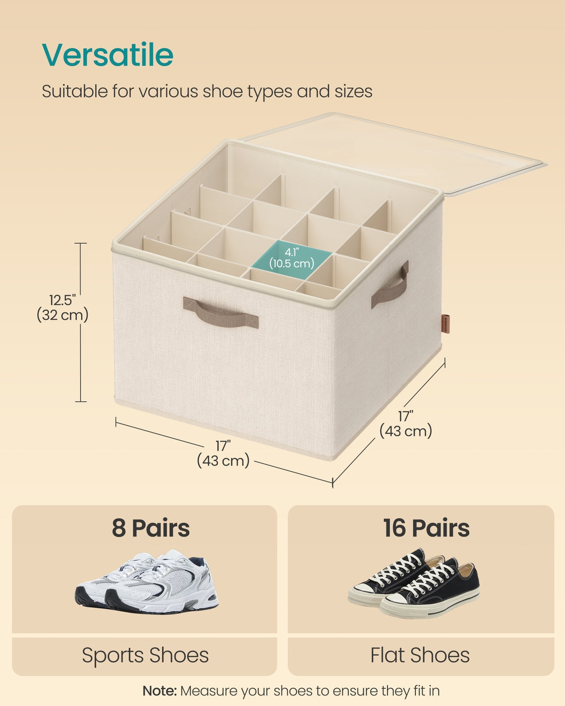 Shoe Organiser for 16 Pairs Stackable - Linen-Look Fabric and Fabric - Cappuccino Beige
