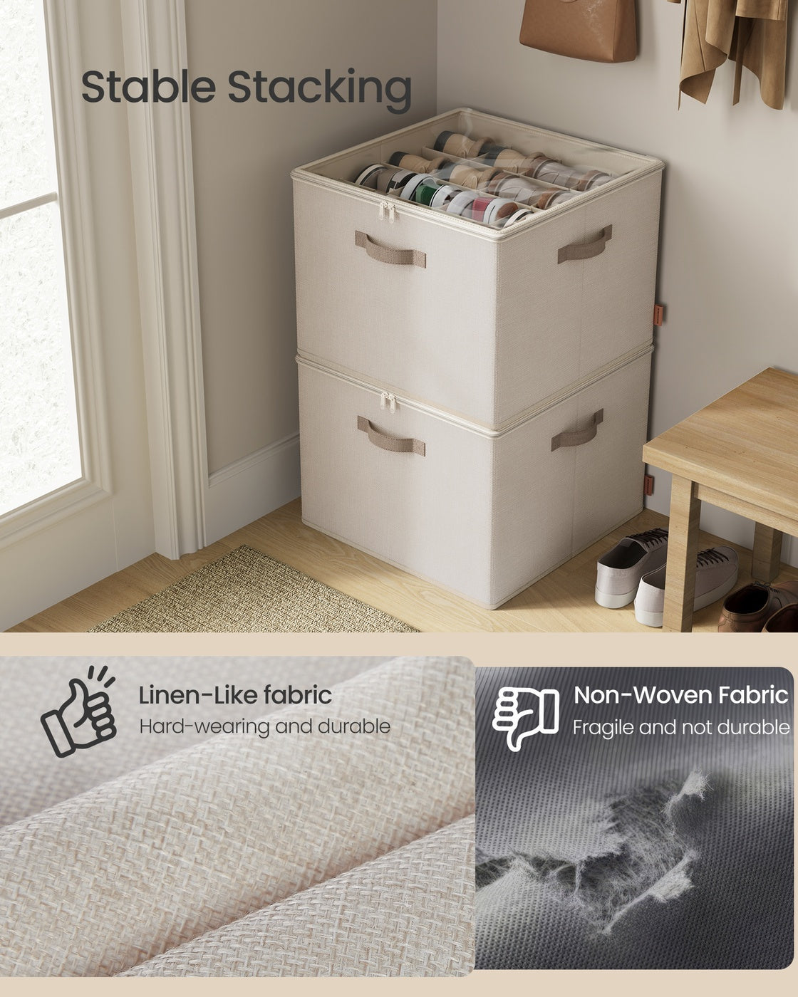Shoe Organiser for 16 Pairs Stackable - Linen-Look Fabric and Fabric - Cappuccino Beige