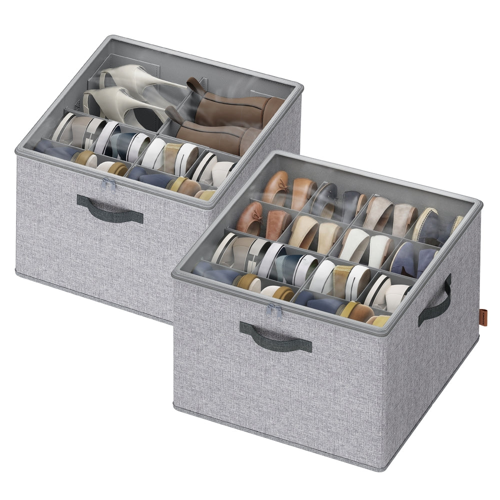 Shoe Organisers Set of 2 for 16 Pairs Stackable - Linen-Look Fabric and Fabric - Dove Grey