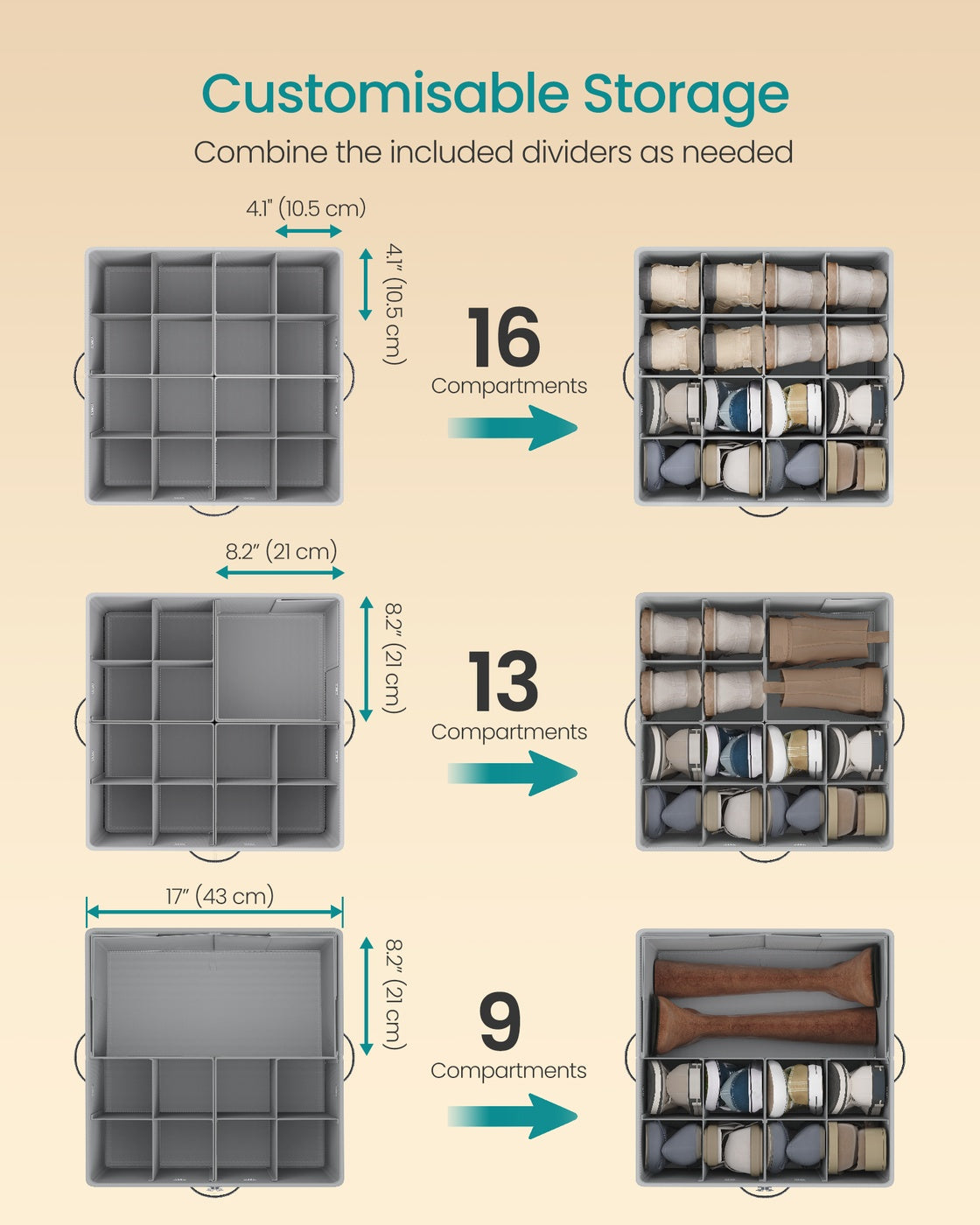 Shoe Organisers Set of 2 for 16 Pairs Stackable - Linen-Look Fabric and Fabric - Dove Grey