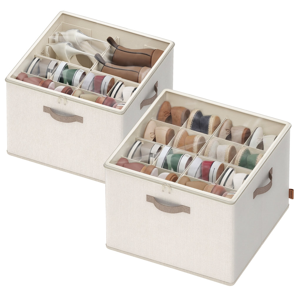 Shoe Organisers Set of 2 for 16 Pairs Stackable - Linen-Look Fabric and Fabric - Cappuccino Beige