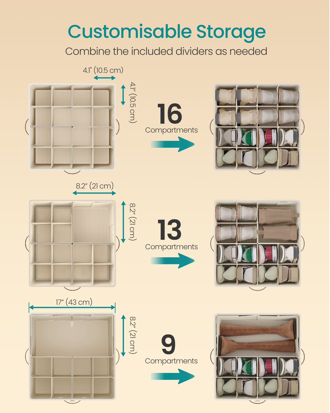 Shoe Organisers Set of 2 for 16 Pairs Stackable - Linen-Look Fabric and Fabric - Cappuccino Beige