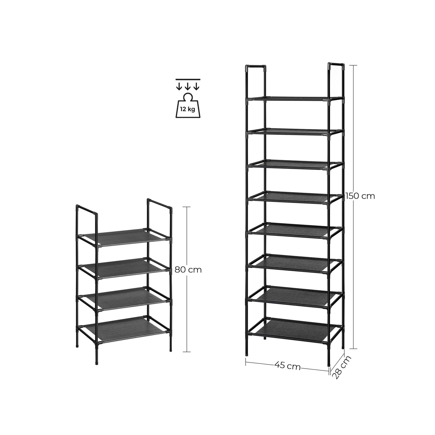Set of 2 Shoe Storage Racks - 4 Tiers - Metal Frame with Non-Woven Fabric - Black