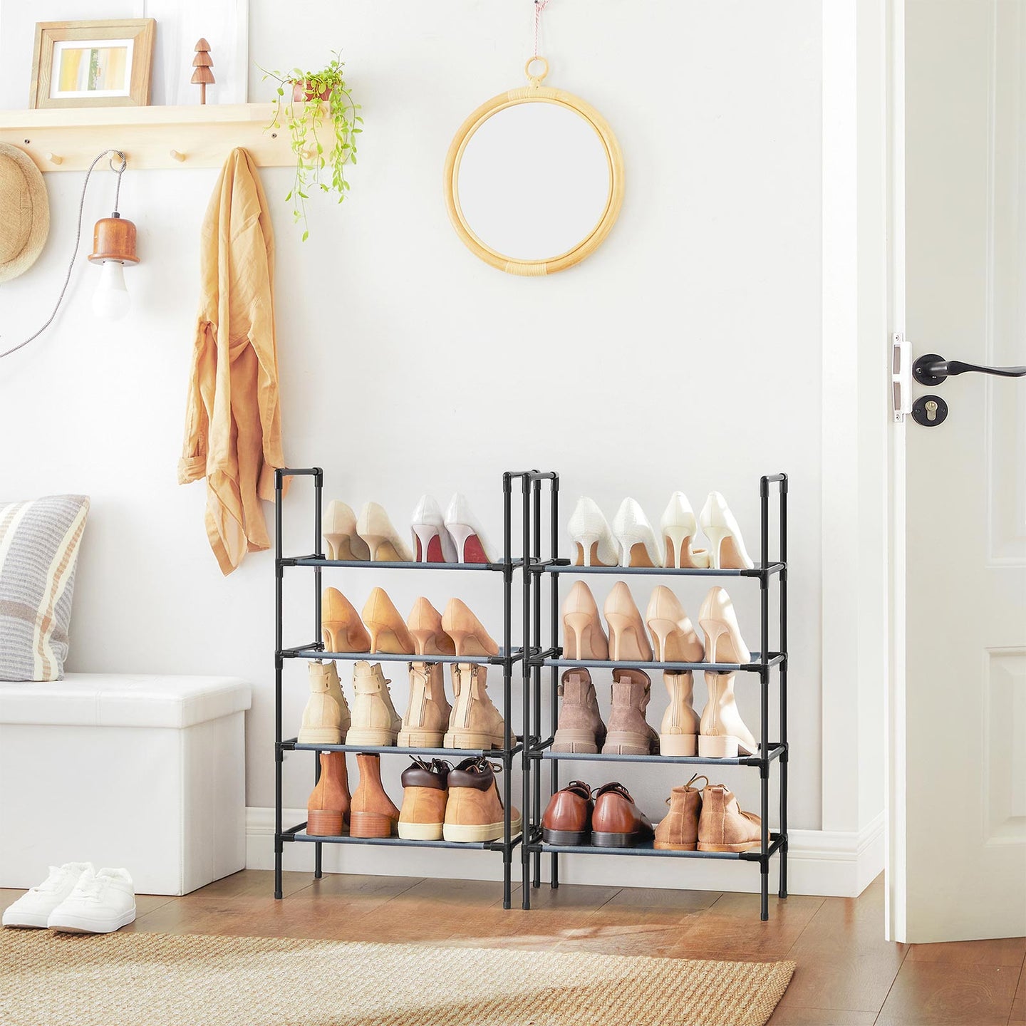 Set of 2 Shoe Storage Racks - 4-Tier Design - Metal Frame - Grey
