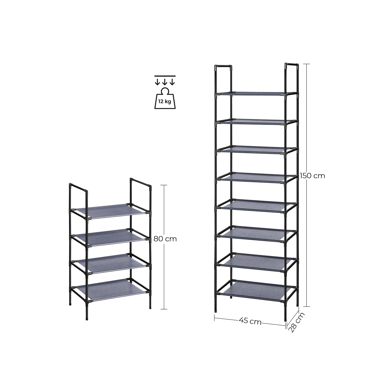 Set of 2 Shoe Storage Racks - 4-Tier Design - Metal Frame - Grey
