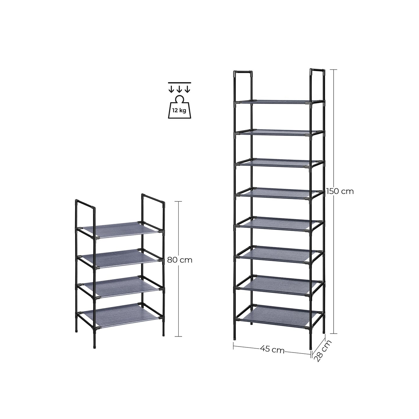 Set of 2 Shoe Storage Racks - 4-Tier Design - Metal Frame - Grey