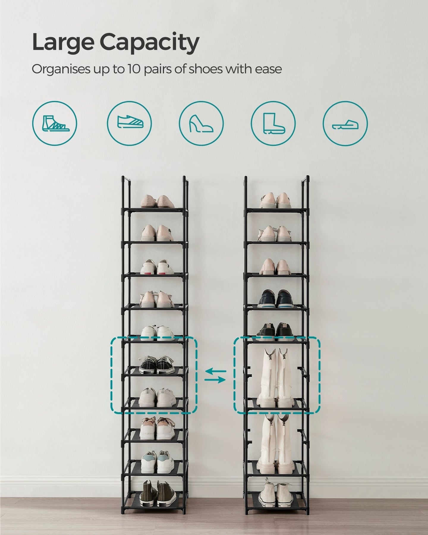 10-Tier Shoe Rack - Metal Frame with Non-Woven Fabric Shelves - Black - Versatile Storage Organizer for Hallway