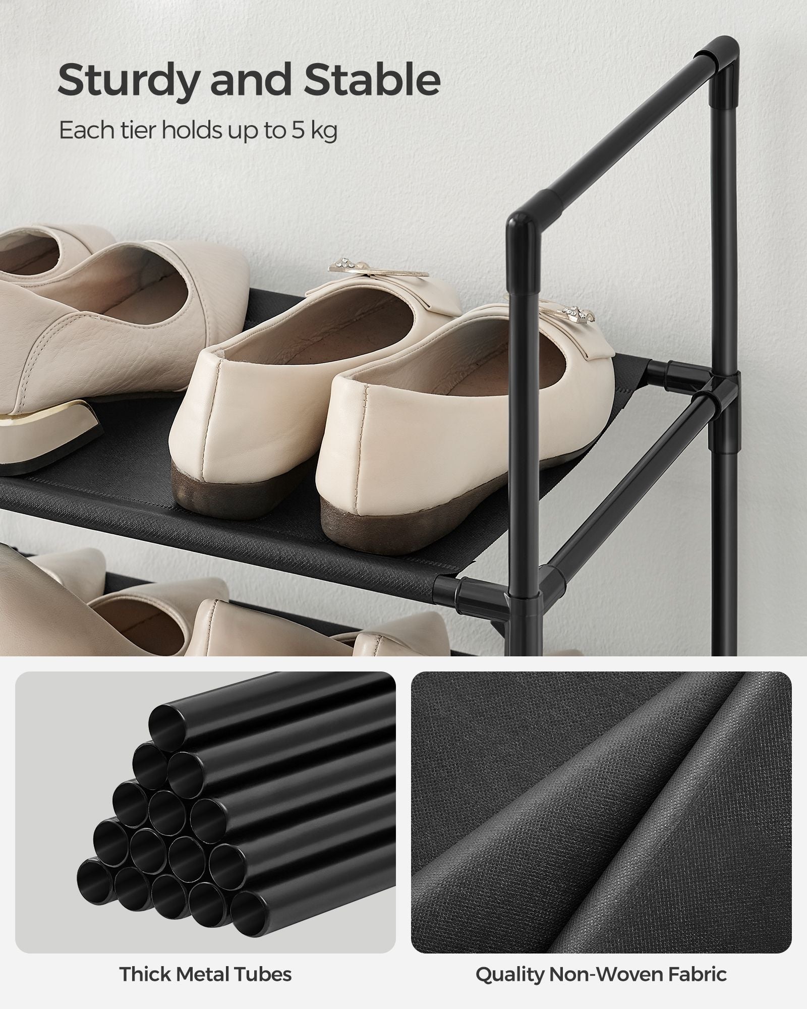 10-Tier Shoe Rack - Metal Frame with Non-Woven Fabric Shelves - Black - Versatile Storage Organizer for Hallway