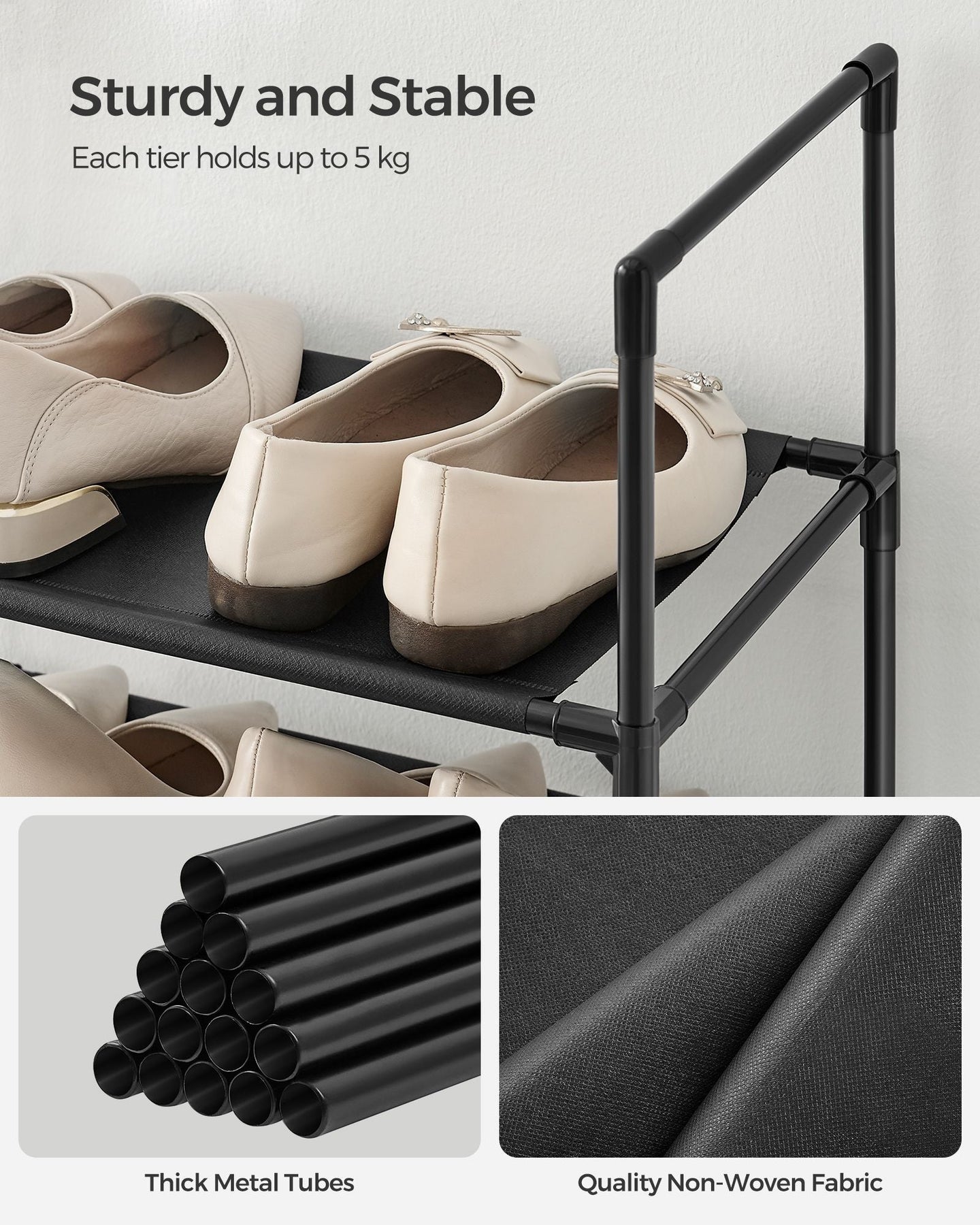 10-Tier Shoe Rack - Metal Frame with Non-Woven Fabric Shelves - Black - Versatile Storage Organizer for Hallway