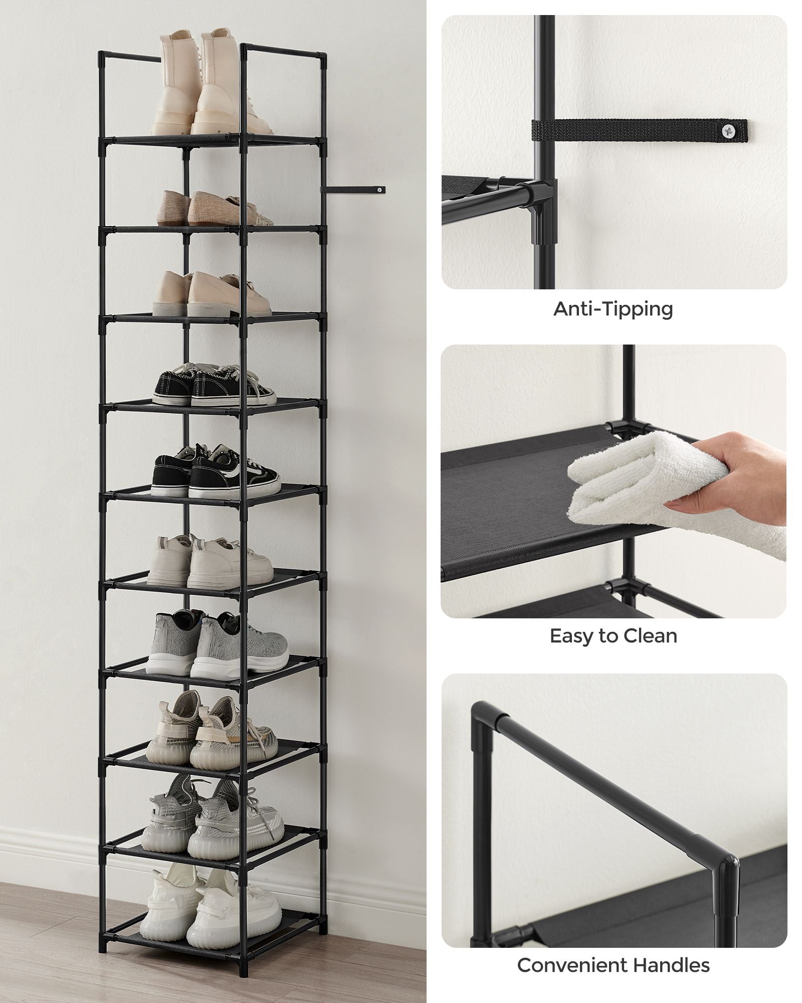 10-Tier Shoe Rack - Metal Frame with Non-Woven Fabric Shelves - Black - Versatile Storage Organizer for Hallway