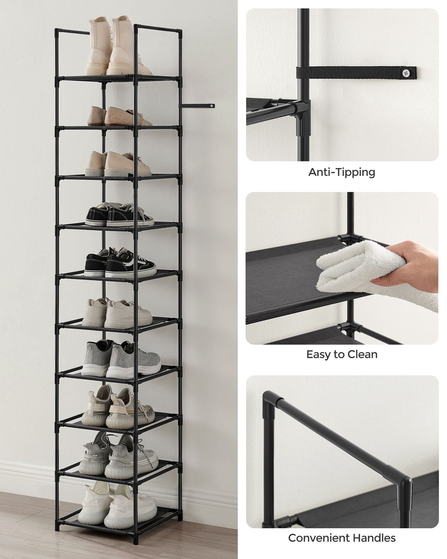 10-Tier Shoe Rack - Metal Frame with Non-Woven Fabric Shelves - Black - Versatile Storage Organizer for Hallway