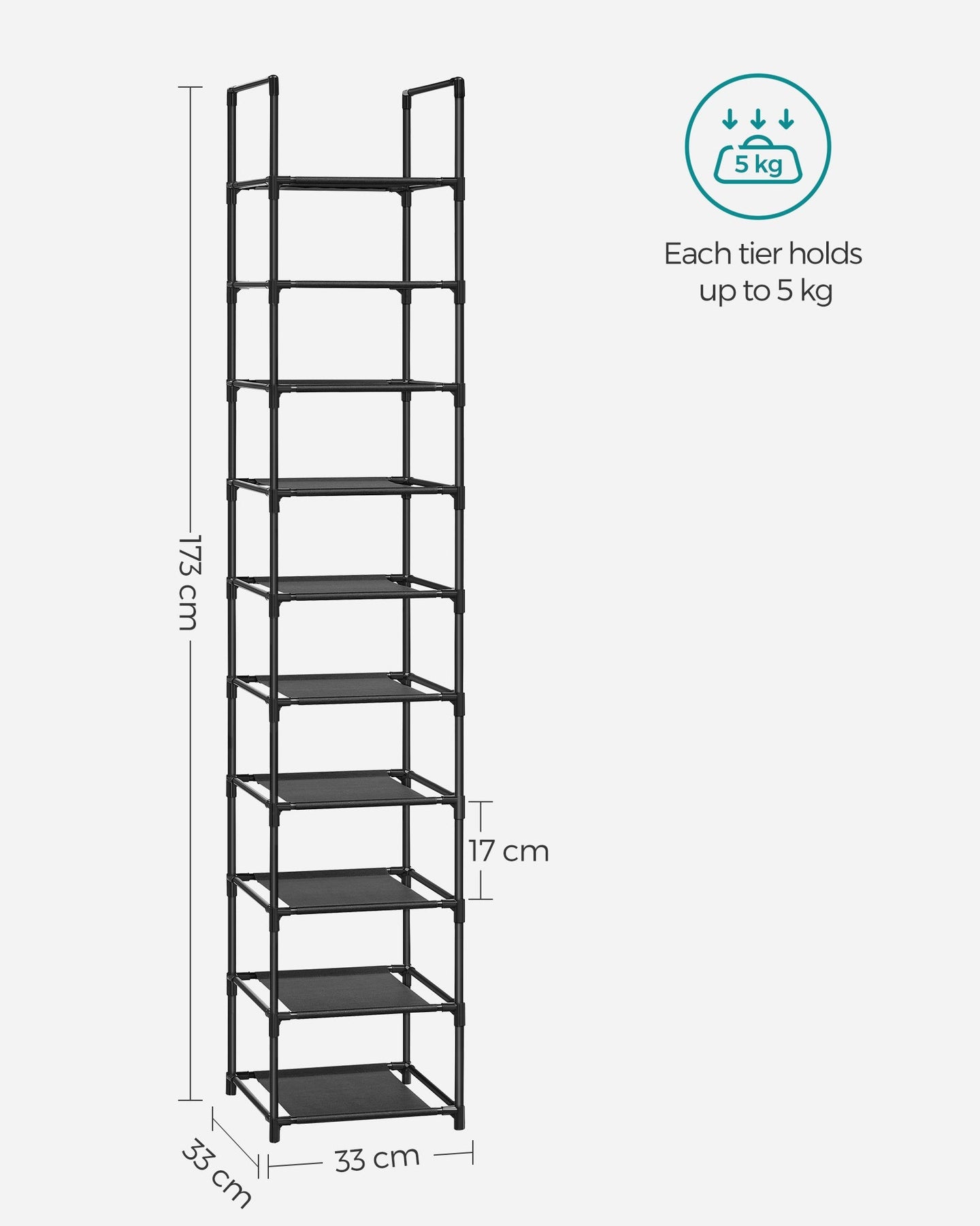 10-Tier Shoe Rack - Metal Frame with Non-Woven Fabric Shelves - Black - Versatile Storage Organizer for Hallway