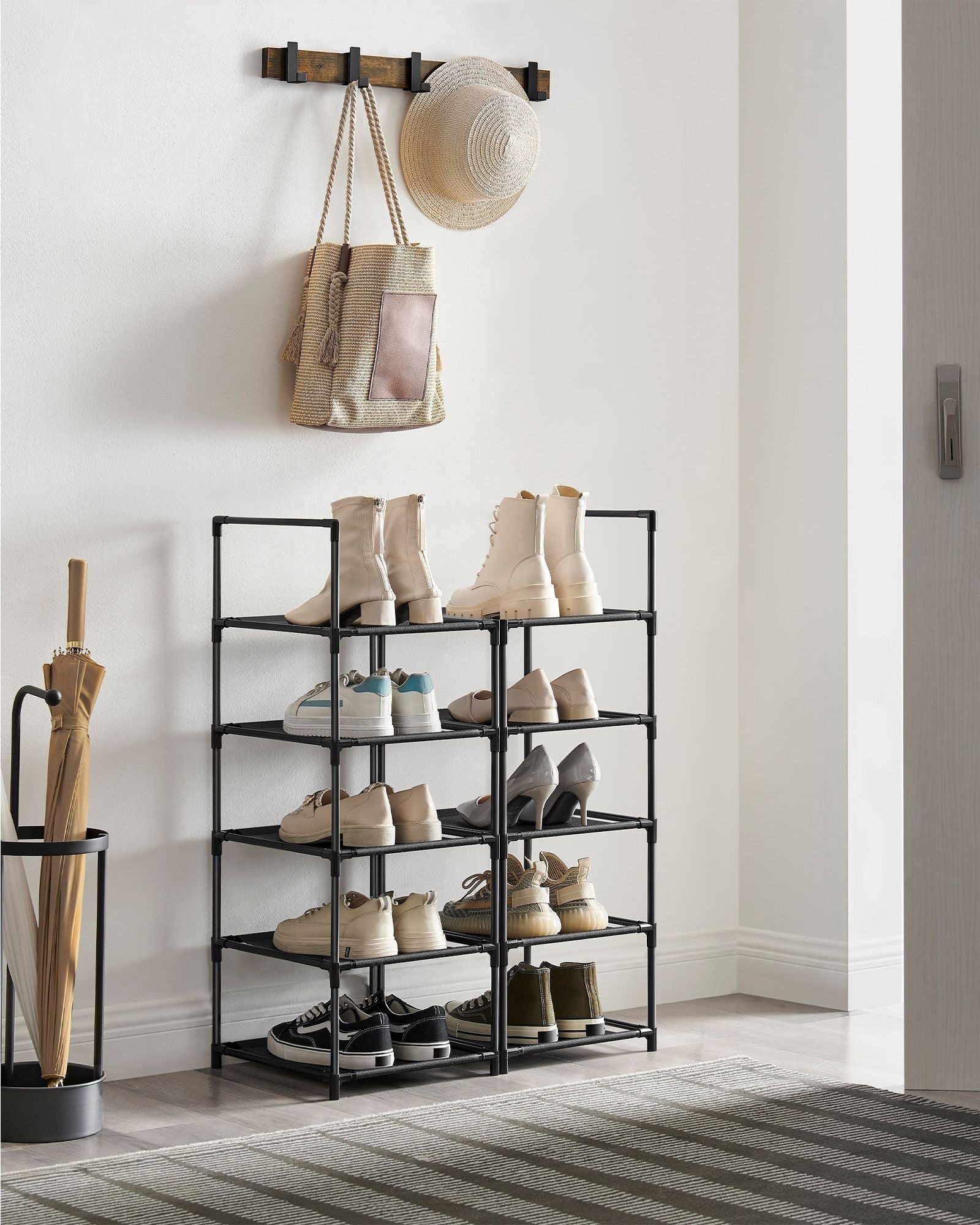 10-Tier Shoe Rack - Metal Frame with Non-Woven Fabric Shelves - Black - Versatile Storage Organizer for Hallway