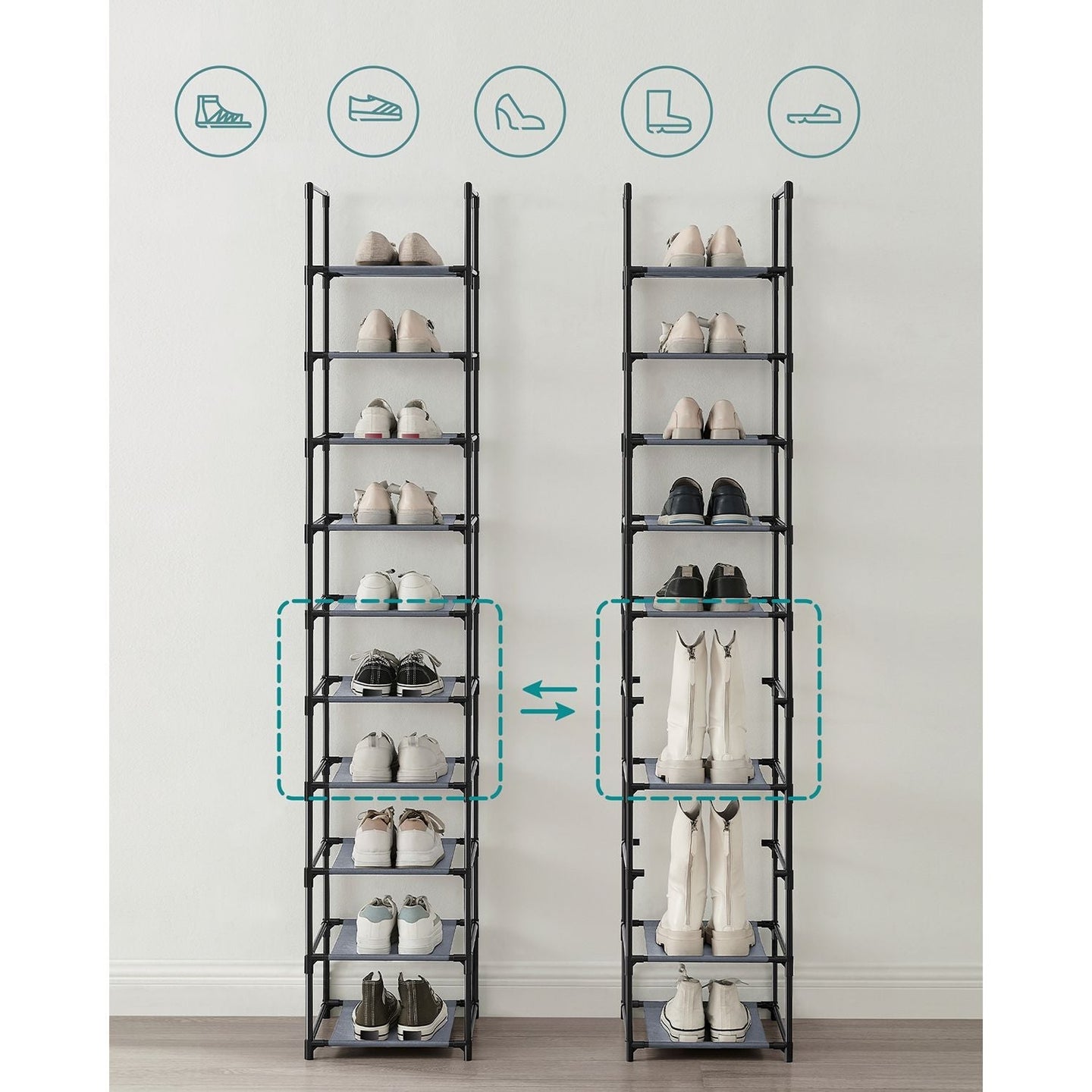 10-Tier Shoe Rack - Metal Frame - Black - Bedroom