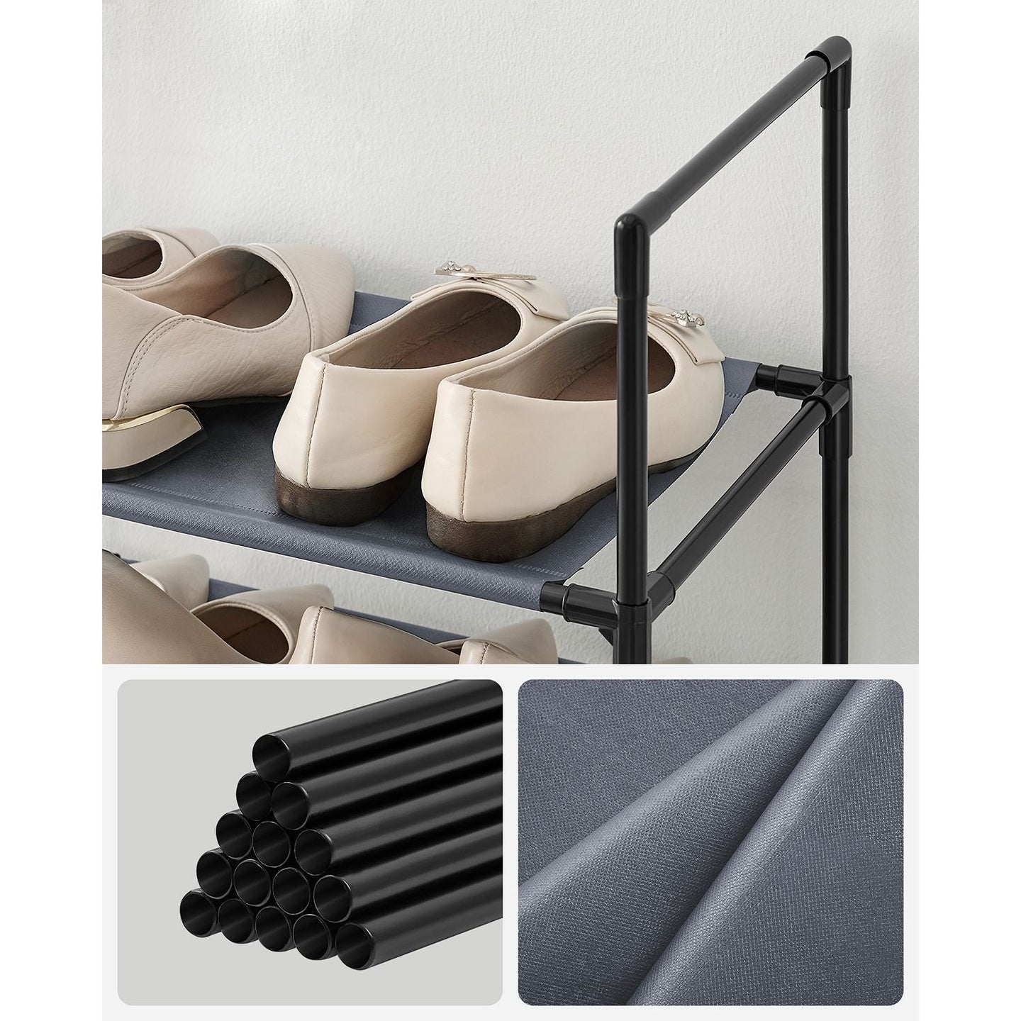10-Tier Shoe Rack - Metal Frame - Black - Bedroom