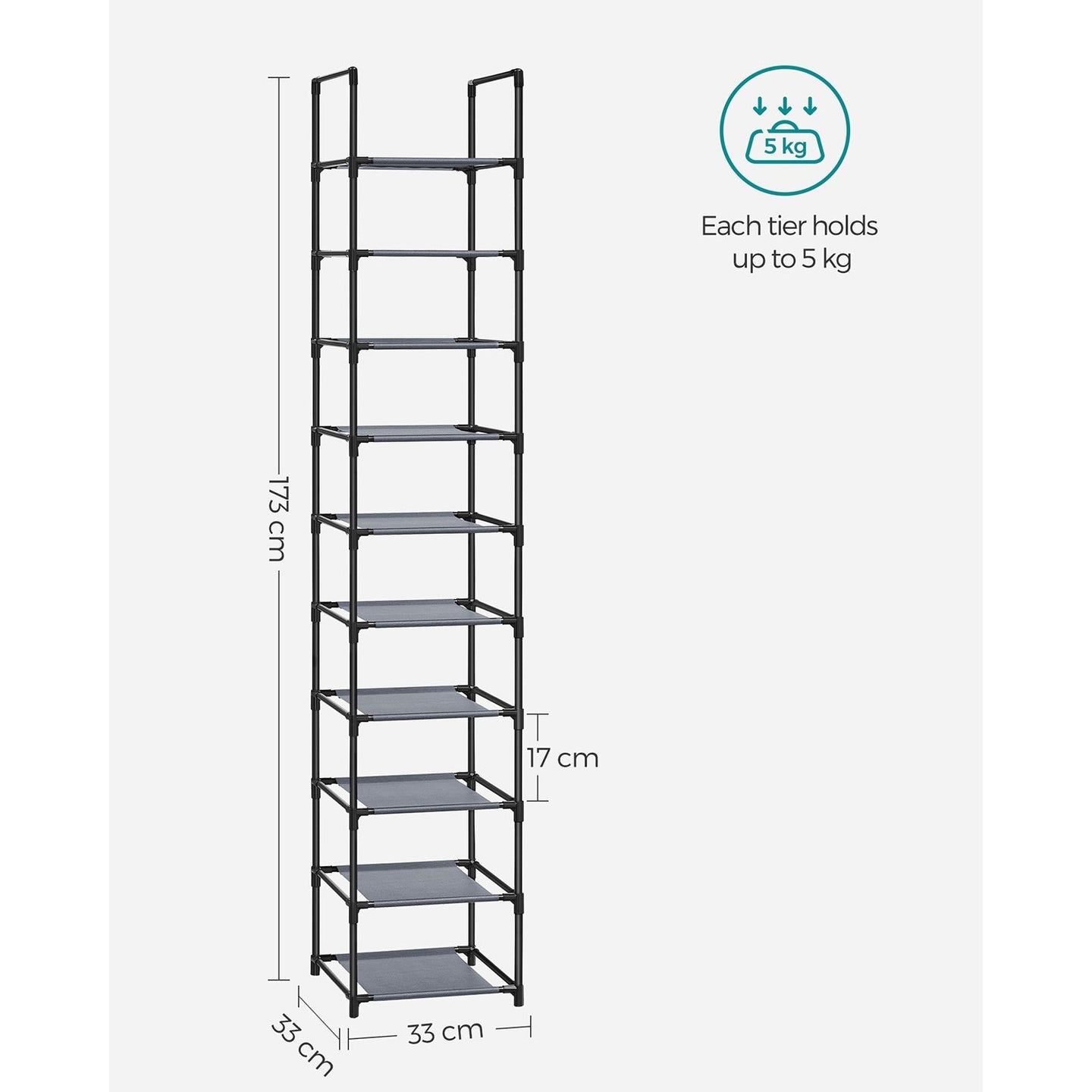 10-Tier Shoe Rack - Metal Frame - Black - Bedroom
