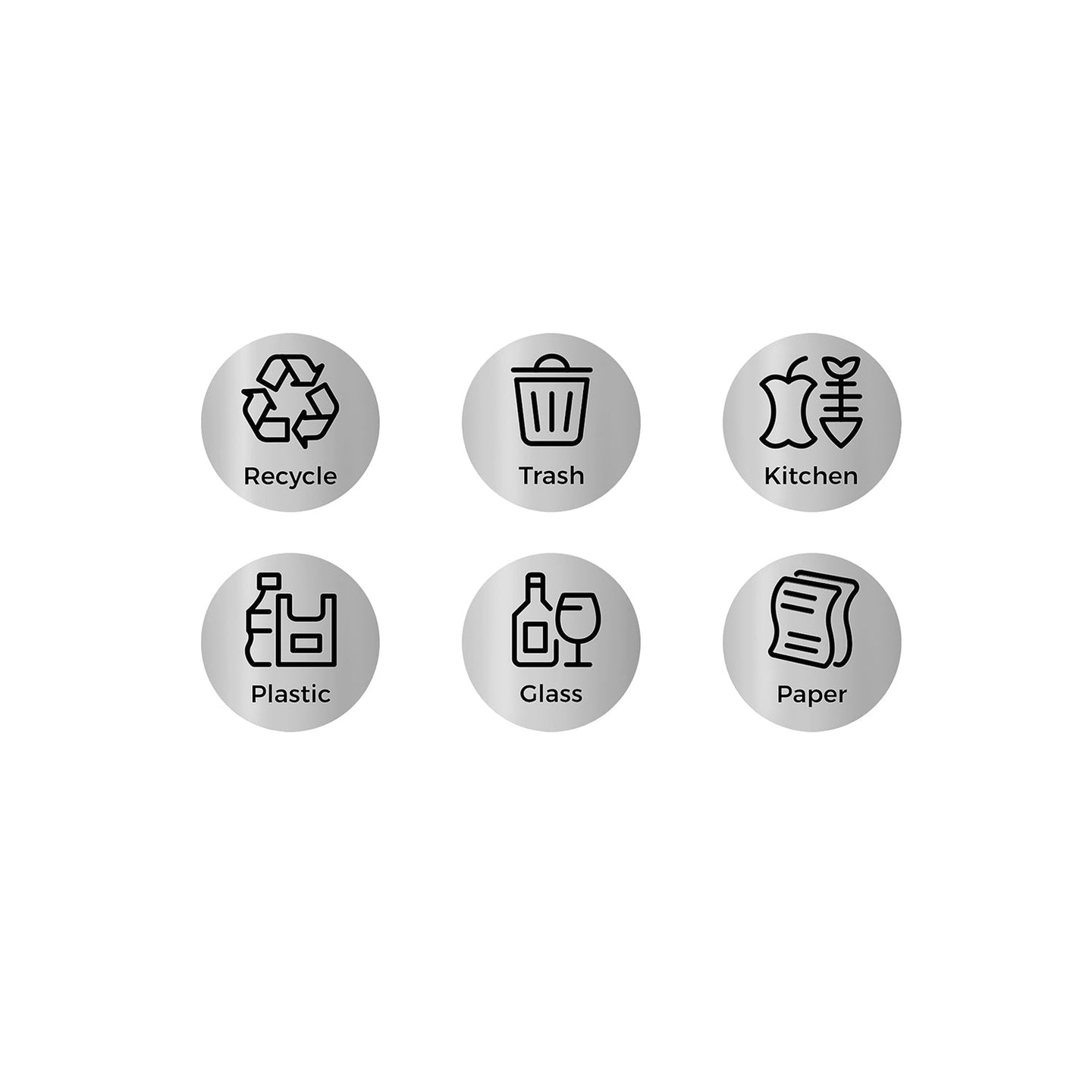 Recycling Bin Stickers - Set of 6 Labels for Recycle - Silver - Adhesive