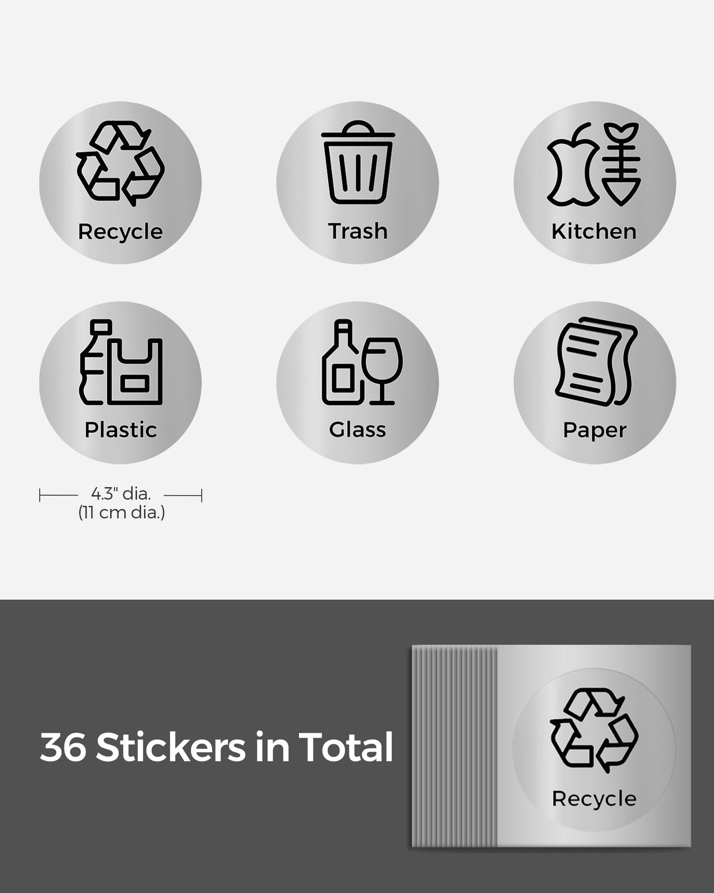 Recycling Bin Stickers - Set of 6 Labels for Recycle - Silver - Adhesive