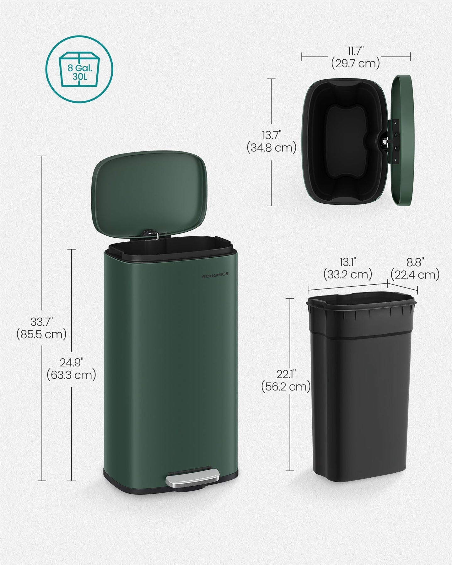 Trash Bin - 30L Soft-Close Lid - Stainless Steel - Retro Green - Odour Control for a Fresh Kitchen