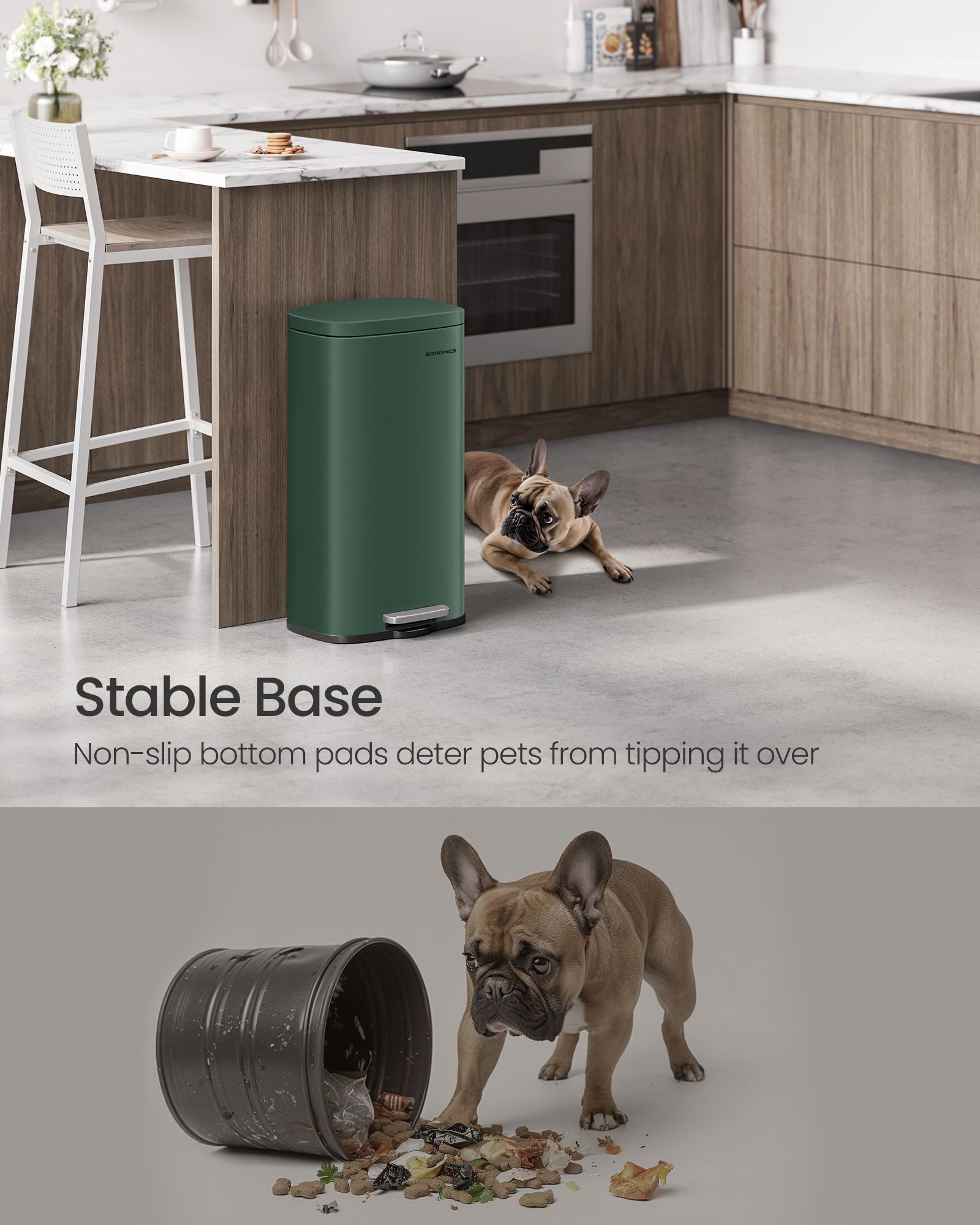 Trash Bin - 30L Soft-Close Lid - Stainless Steel - Retro Green - Odour Control for a Fresh Kitchen