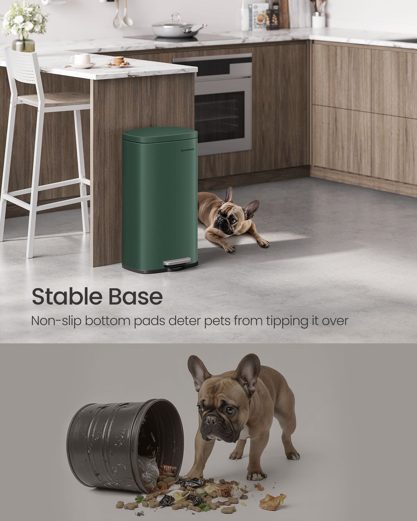 Trash Bin - 30L Soft-Close Lid - Stainless Steel - Retro Green - Odour Control for a Fresh Kitchen