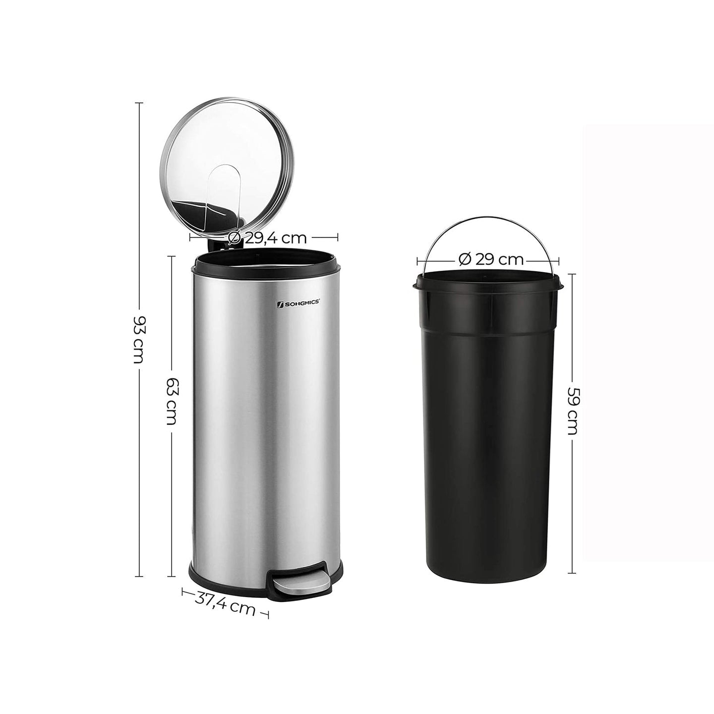 Step Trash Can - Stainless Steel - Silver - 30L Capacity