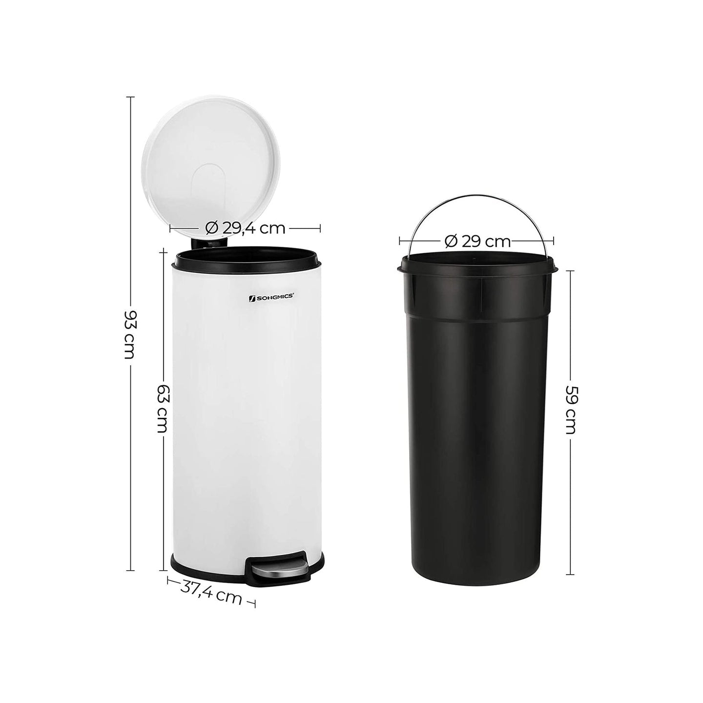 Pedal Trash Can - Metal - White - 30L Capacity